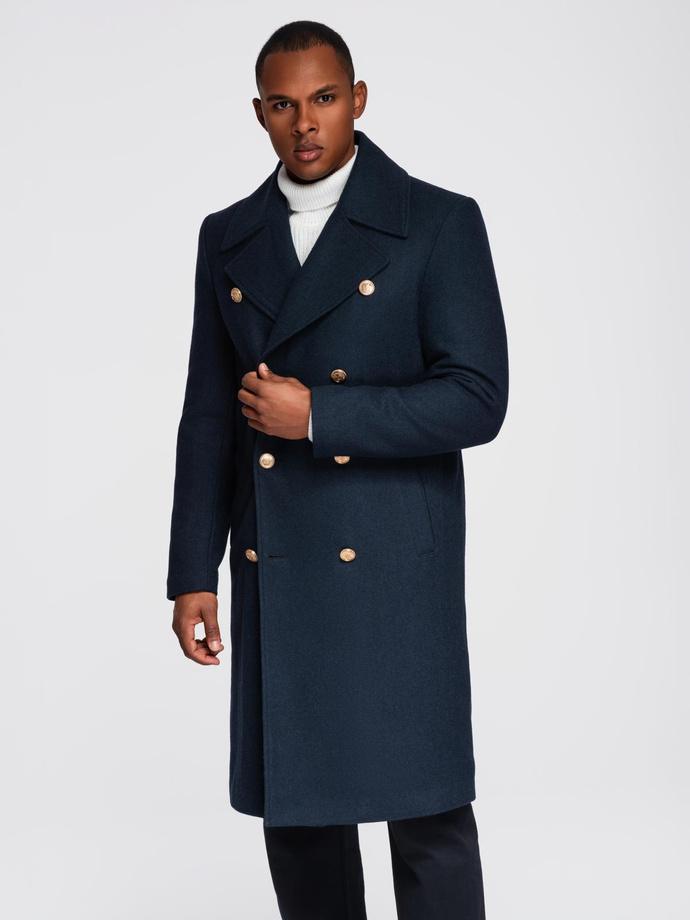 Men's navy double-breasted wool coat - navy blue V1 OM-COWC-0134