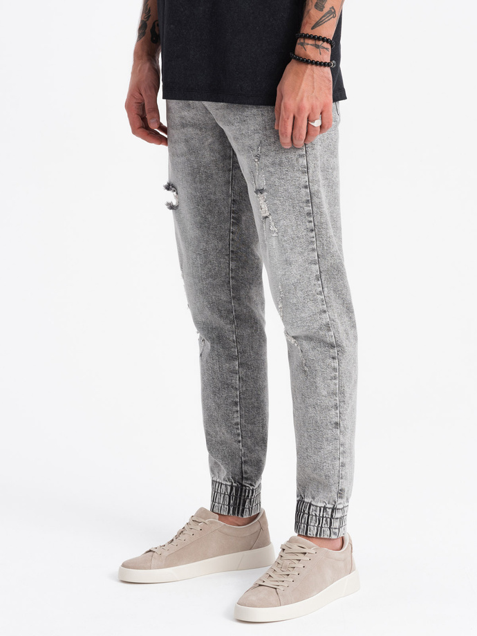 Men's JOGGERS denim pants with rubbing - light grey V4 OM-PADJ-0150
