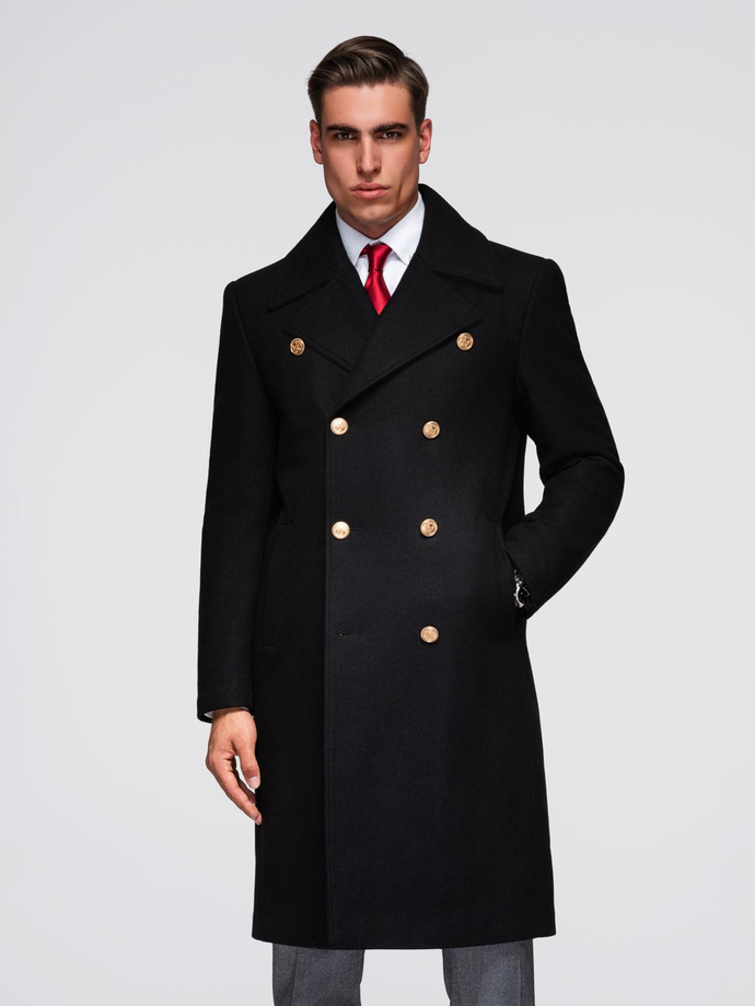 Elegant military double-breasted coat for men with wool - black V1 OM-COWC-0145