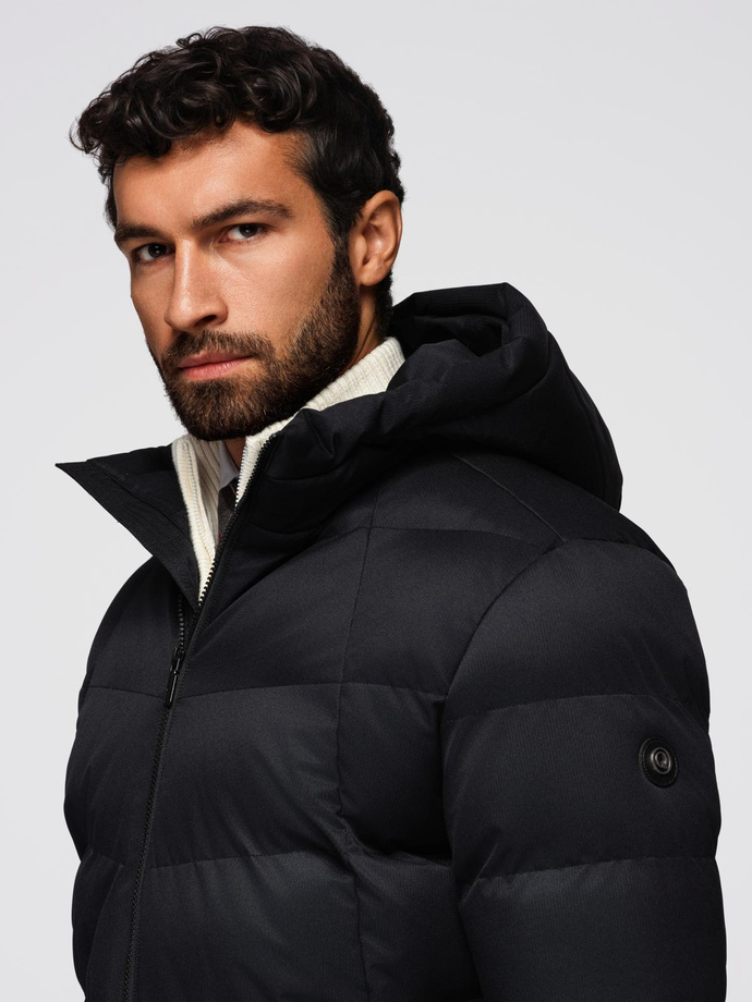 Men's long quilted jacket with hood - black V1 OM-JALJ-0264