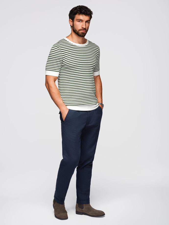 Men's knitted t-shirt with navy stripes and openwork weave - olive and white V3 OM-TSCT-0255