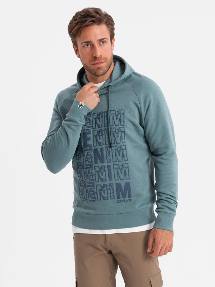 Men's non-stretch kangaroo sweatshirt with hood and print - turquoise V2 OM-SSPS-0158