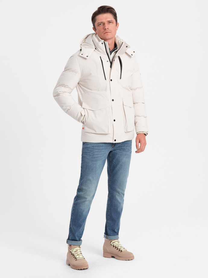 Men's winter jacket with detachable hood and cargo pockets - cream V2 OM-JAHP-0152