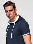 Men's cotton t-shirt with hood - navy blue V4 OM-TSCT-0256