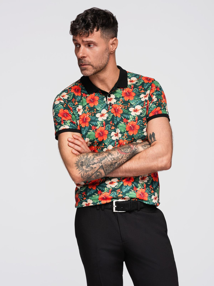 Polo koszulka bawełniana z nadrukiem w kwiaty – czarna V2 OM-POSS-0149