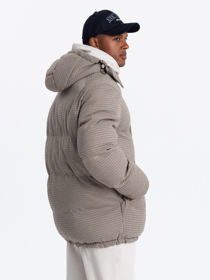 Mocno ocieplana męska kurtka typu puffer w pepitkę – brązowa V1 OM-JAHP-0174