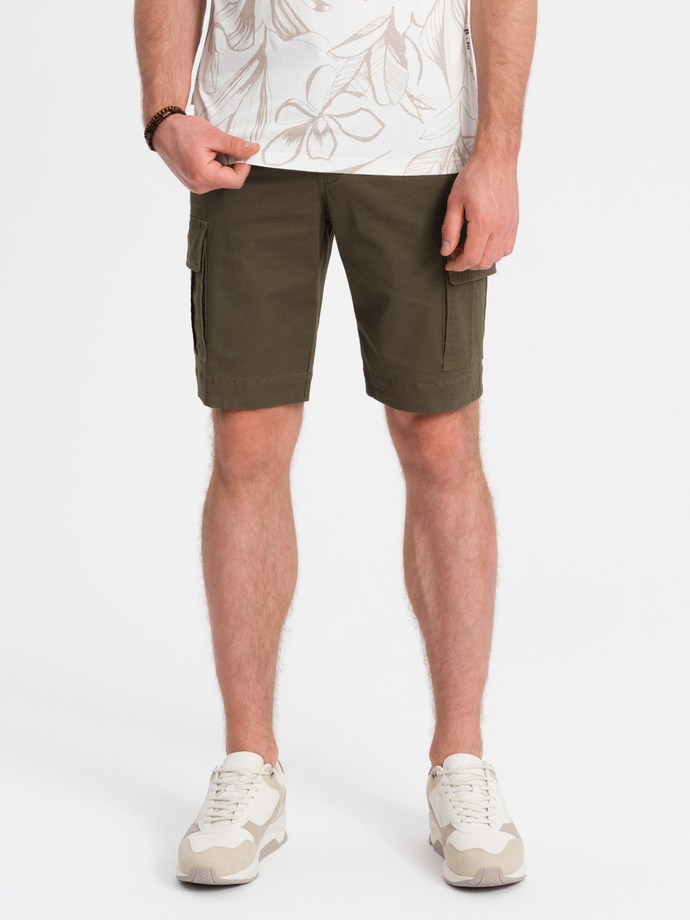 One-color men's shorts with cargo pockets - dark olive V2 OM-SRCG-0133