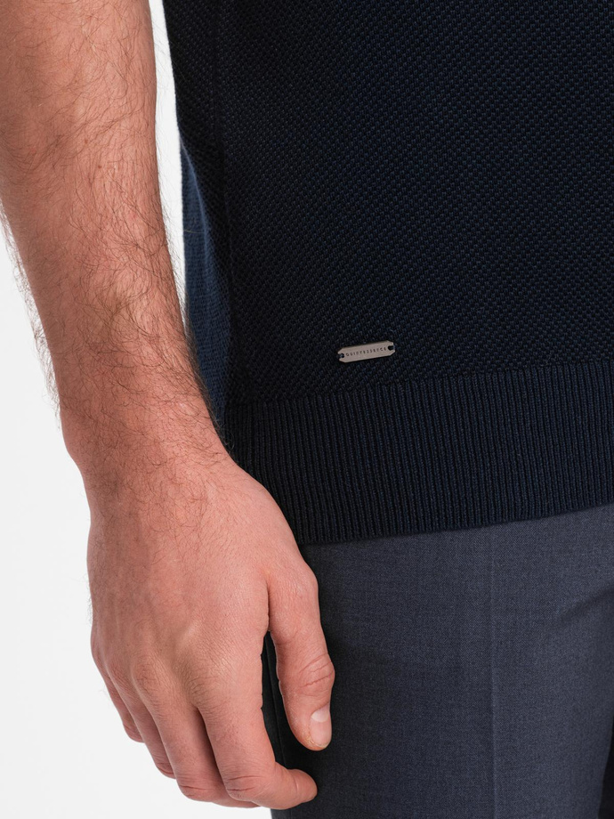 Men's cotton structured knit polo shirt - navy blue V2 OM-POSS-0117