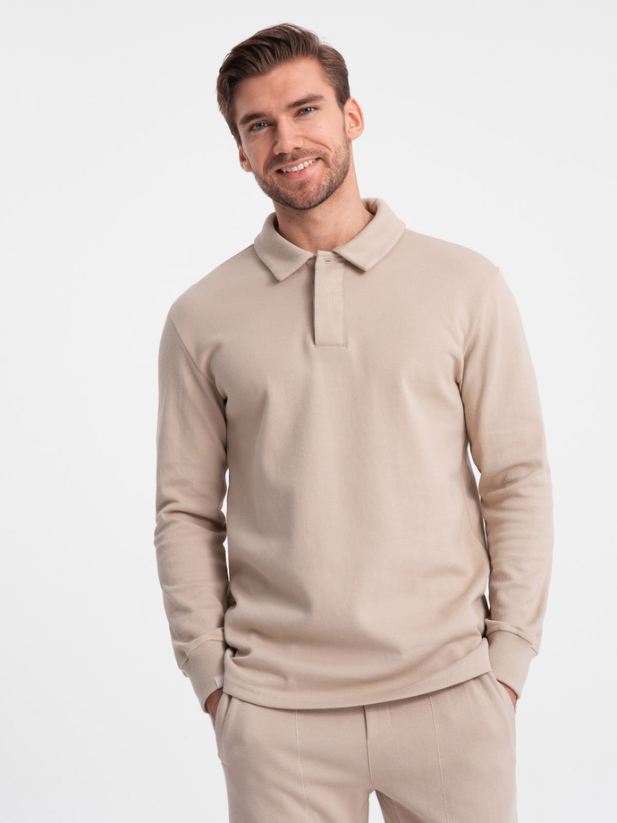 Komplet męski dresowy bluza z kołnierzem polo + spodnie - beżowy V2 Z71
