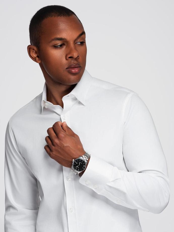 Classic men's SLIM FIT shirt in satin fabric - white V1 OM-SHOS-0176