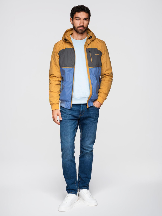 Lekka kolorowa męska kurtka sportowa z polarem – niebiesko-musztardowa V8 OM-JANP-0194
