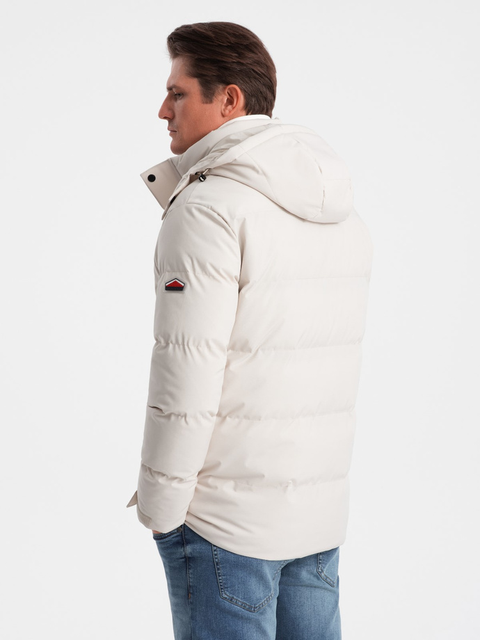 Men's winter jacket with detachable hood and cargo pockets - cream V2 OM-JAHP-0152