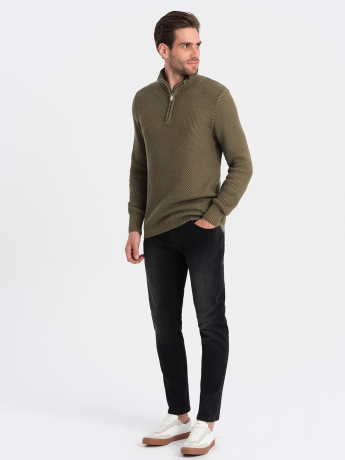 Men's knitted sweater with spread collar - olive V6 OM-SWZS-0105
