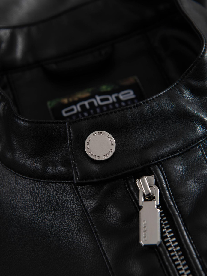 Męska kurtka z imitacji skóry ze stójką - czarna V2 OM-JAFL-0109