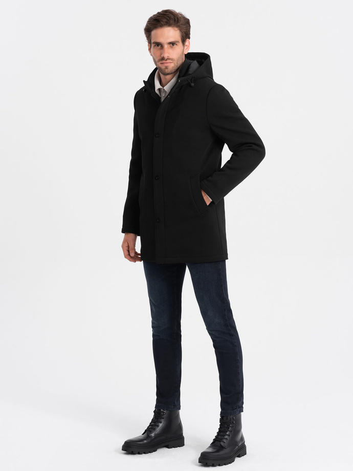 Men's insulated coat with hood and concealed zipper - black V1 OM-COWC-0110