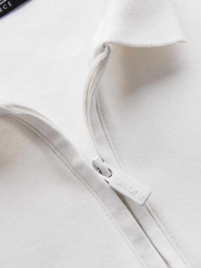 Męski longsleeve polo z zapinanym na zamek kołnierzykiem – biały V1 OM-POLS-0130