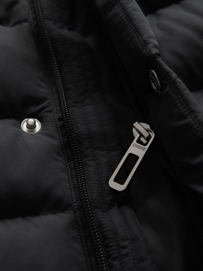 Pikowana kurtka męska ze stójką i zamkami na klatce piersiowej – czarna V1 OM-JALP-0260