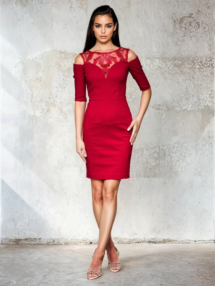 Women's mini dress with decorative neckline and open shoulders DLR172 - red