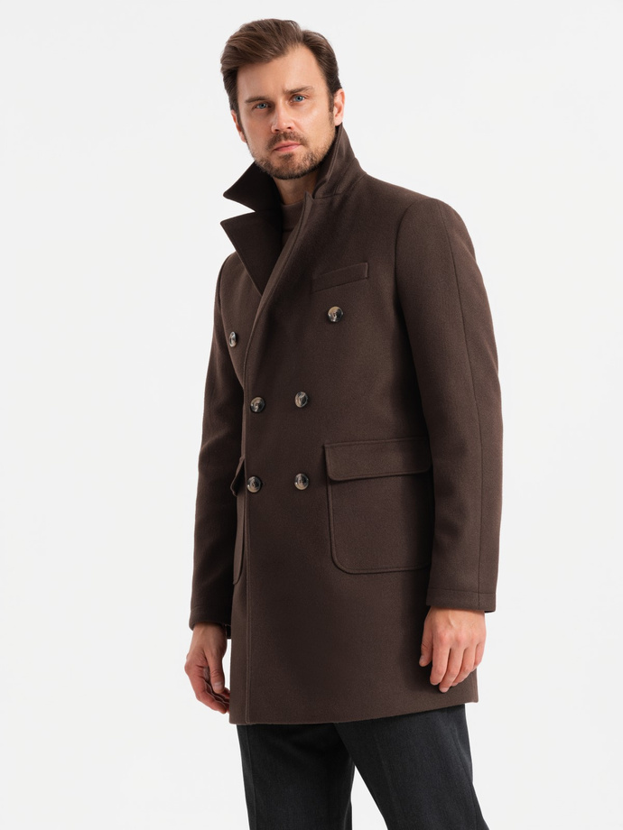 Men's double-breasted coat with decorative buttons - dark brown V3 OM-COWC-0109