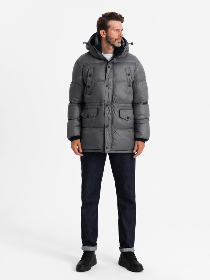 Długa kurtka męska puffer z zapinanymi kieszeniami – grafitowa V1 OM-JALJ-0186