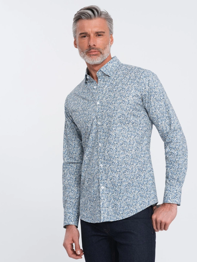 Men's SLIM FIT shirt in small leaf print - light blue V1 OM-SHPS-0163