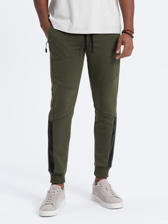 Spodnie męskie dresowe z przeszyciami - khaki V1 OM-PASK-0137