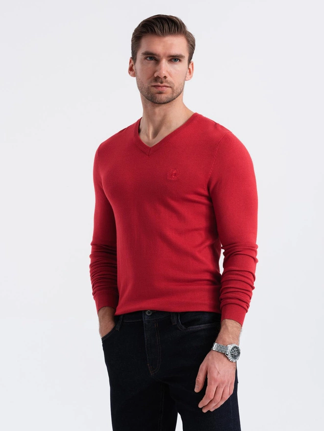 Men's elegant V-neck BASIC sweater with viscose - red V20 OM-SWBS-0107