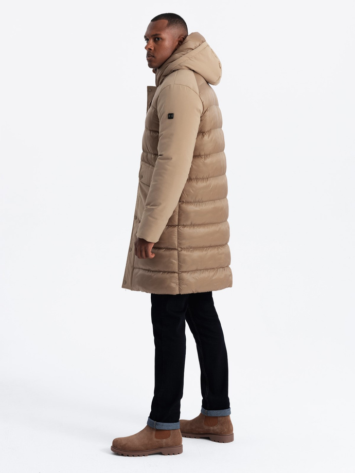 Men's long quilted jacket with large pockets - beige V2 OM-JALJ-0165