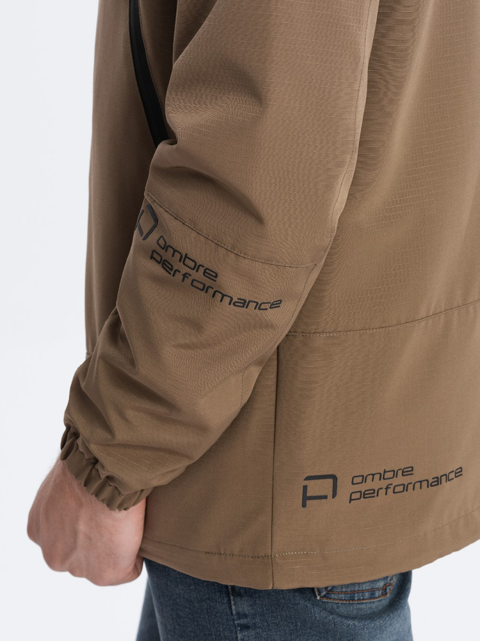 Kurtka męska przejściowa z kapturem - brązowa V2 OM-JANP-22FW-005