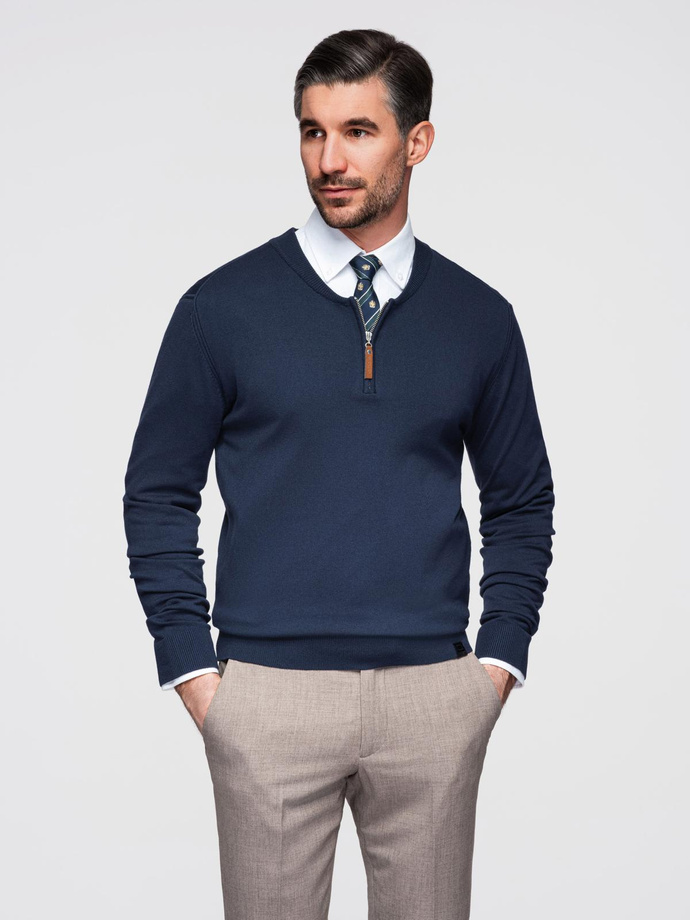 Men's sweater with viscose and spread neckline - navy blue V4 OM-SWZS-0124
