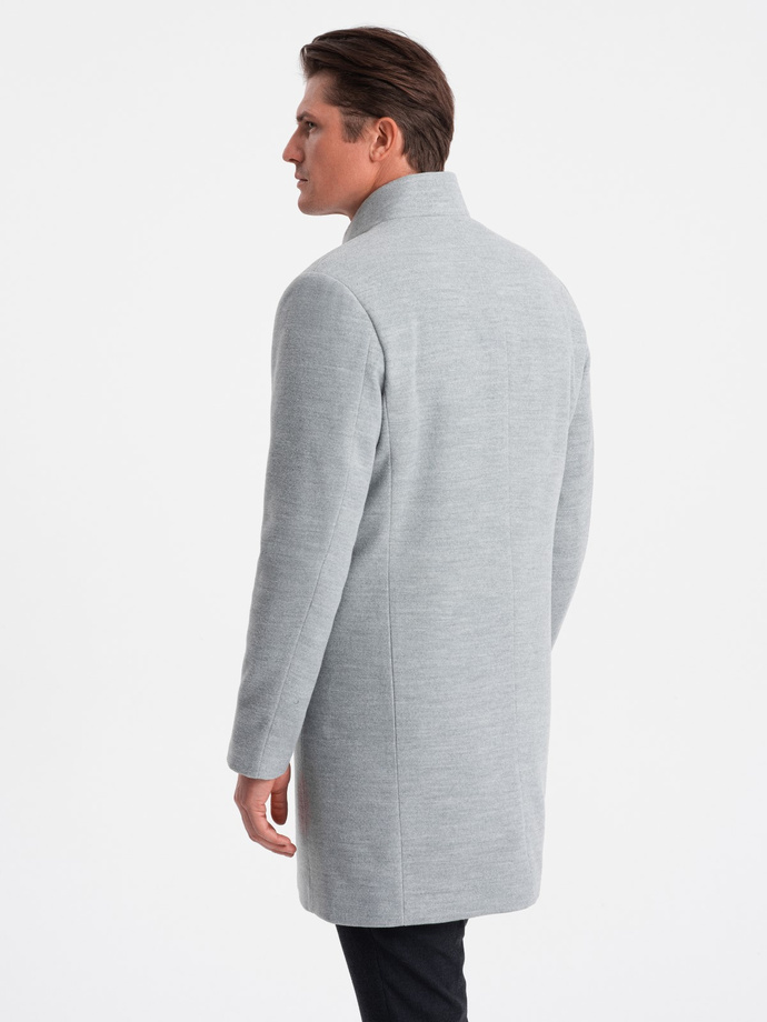 Płaszcz męski z asymetrycznym zapięciem - szary melanż V1 OM-COWC-0102