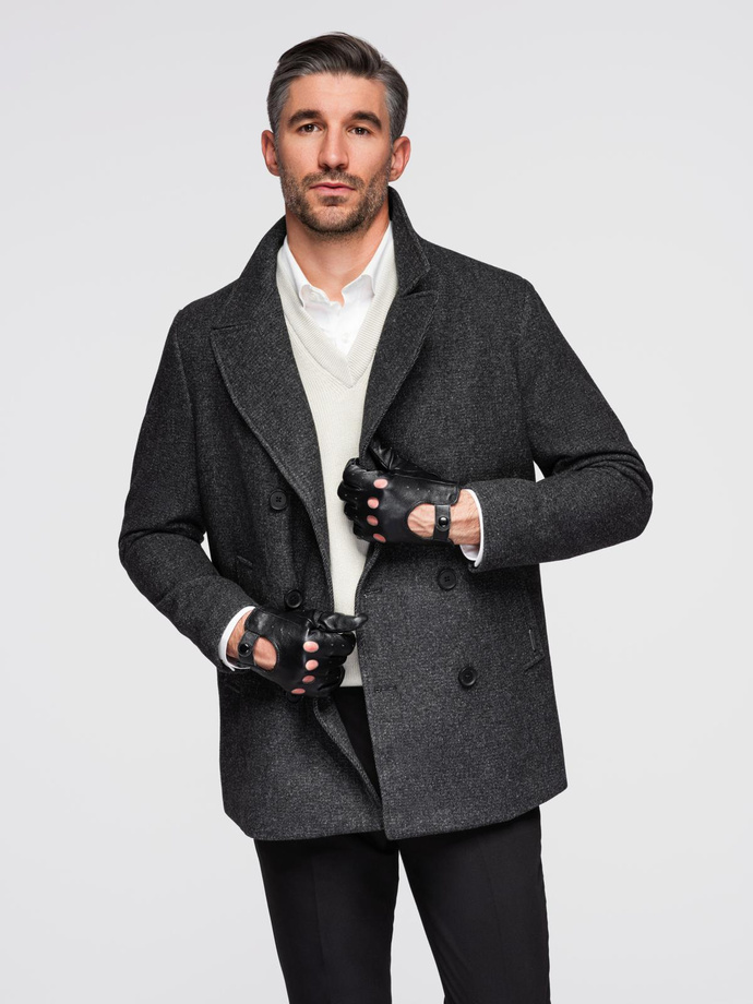 Men's short double-breasted wool coat - graphite V1 OM-COWC-0115