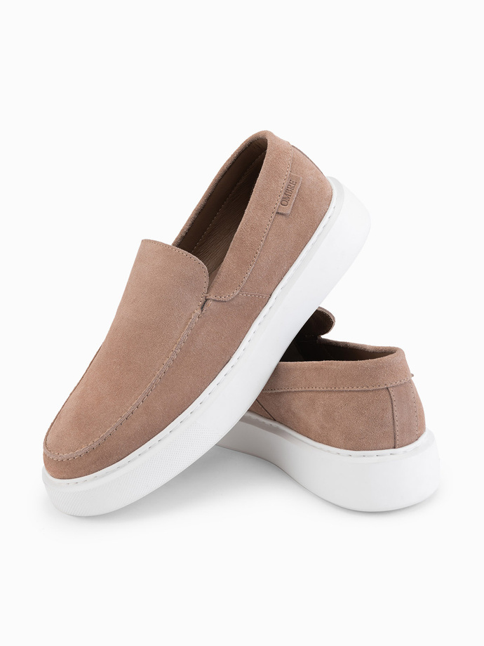 Zamszowe męskie półbuty slip on na grubej podeszwie – jasnobrązowe V3 OM-FOCS-0152