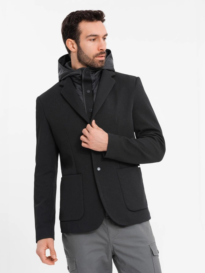 Men's jacket with high collar and hood - black V2 OM-BLZB-0133