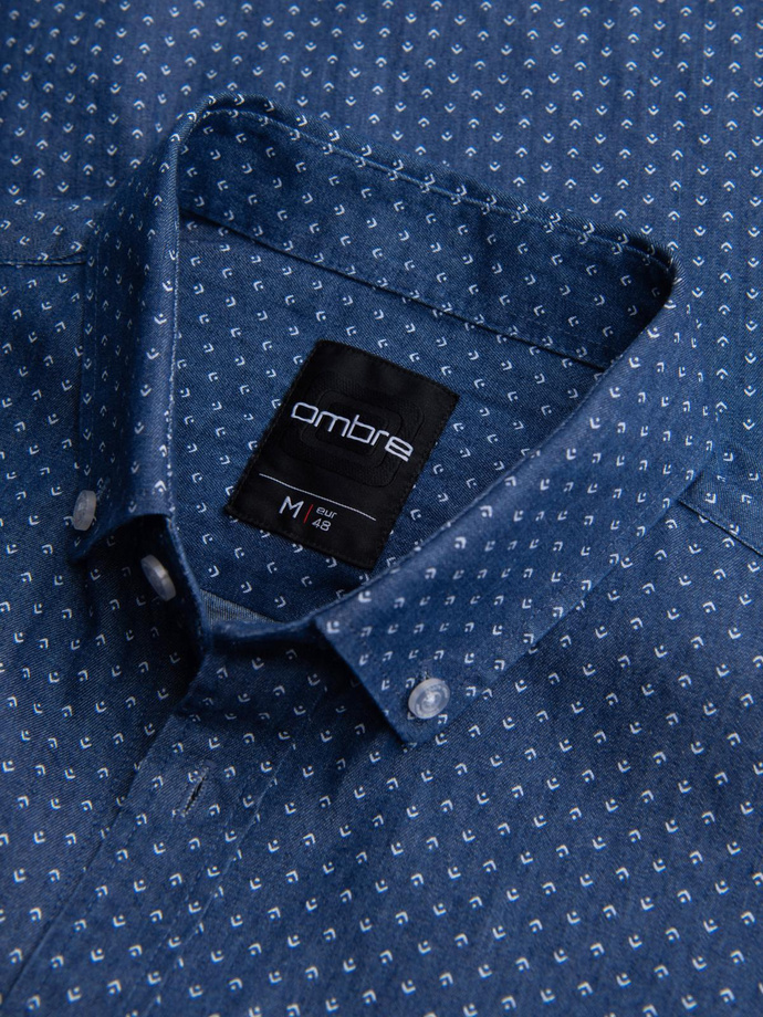Men's patterned thin denim shirt with pocket - blue V2 OM-SHDS-0179