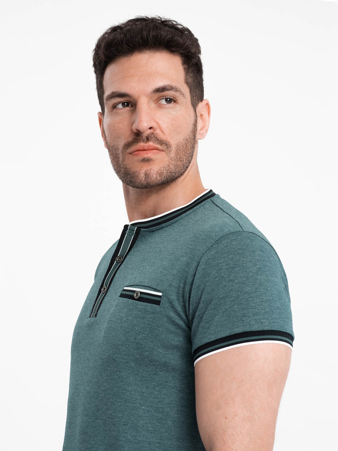 Men's henley t-shirt with decorative ribbing - dark green V2 OM-TSCT-0175