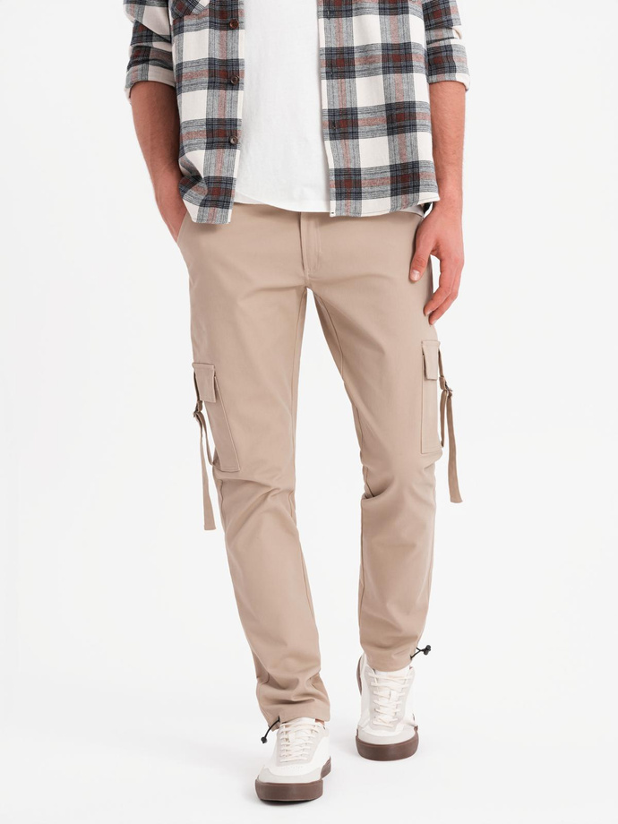 Men's STRAIGHT LEG cargo pants with striped pockets - sand V2 OM-PACG-0197