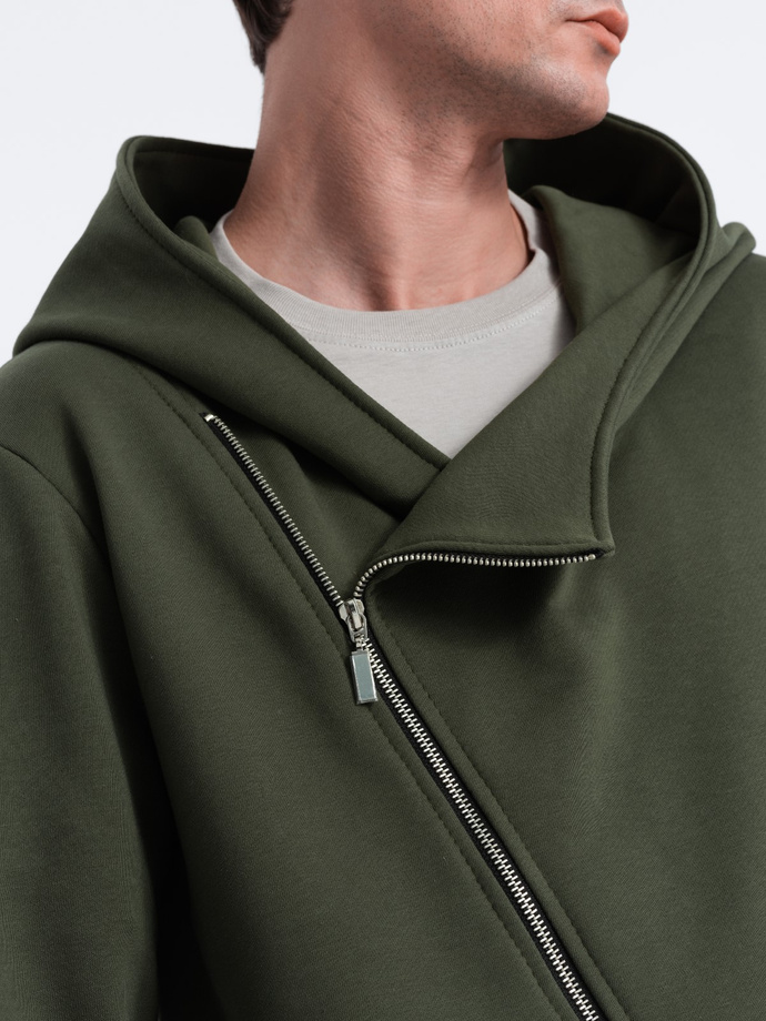 Asymmetrical men's sweatshirt with a spacious hood NANTES - dark olive green B1368