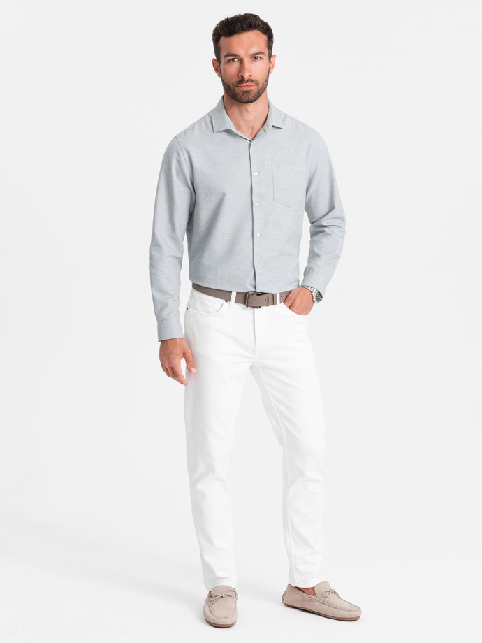 Koszula męska z kieszenią REGULAR FIT - jasnoszary melanż V2 OM-SHCS-0148