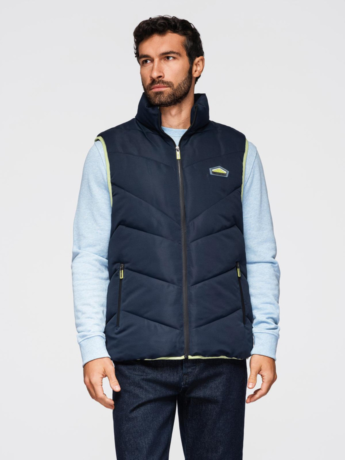 Men's quilted sleeveless jacket with neon accents - navy blue V3 OM-JAVJ-0210