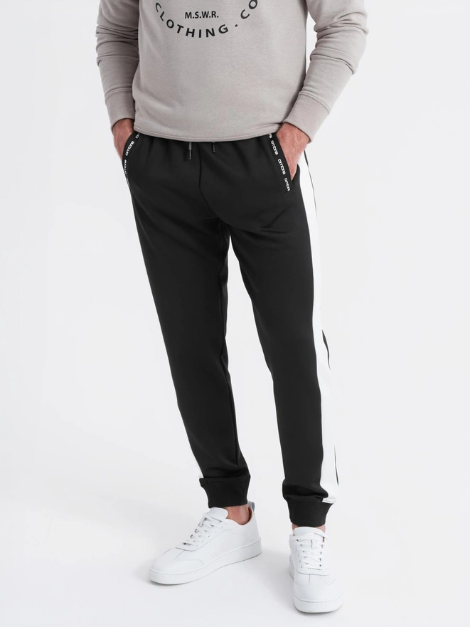 Men's sweatpants joggers with contrasting stripes - black V1 OM-PASK-0229