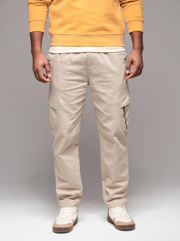 Men's knitted joggers with cargo pockets - cream V1 OM-PAJO-0199