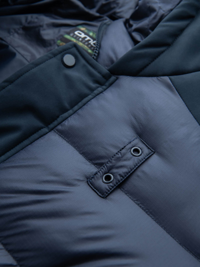 Men's quilted long jacket with large pockets - navy blue V4 OM-JALJ-0165