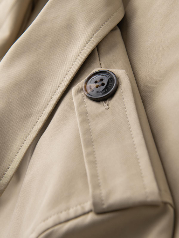 Elegant men's SLIM FIT trench coat with belt - beige V1 OM-COSC-0126