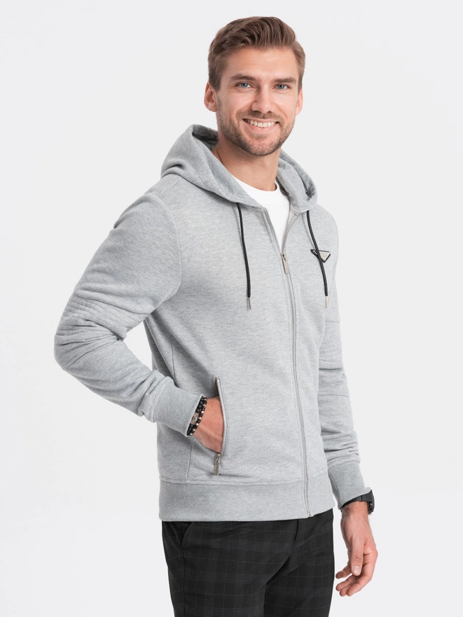 Men's unbuttoned hooded sweatshirt - grey melange V2 OM-SSZP-22SS-010