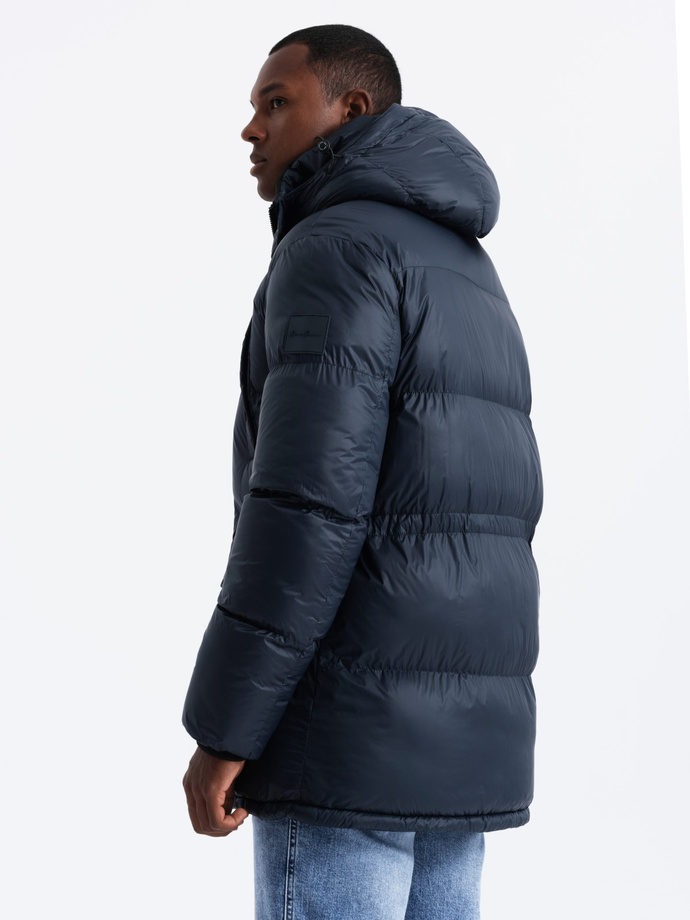 Męska długa kurtka puffer z zapinanymi kieszeniami – granatowa V3 OM-JALJ-0186
