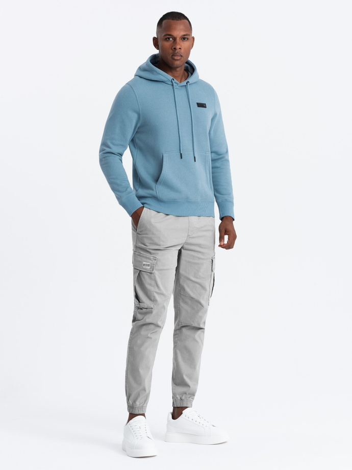 Men's kangaroo sweatshirt with hood and metal pin - blue V4 OM-SSNZ-0141