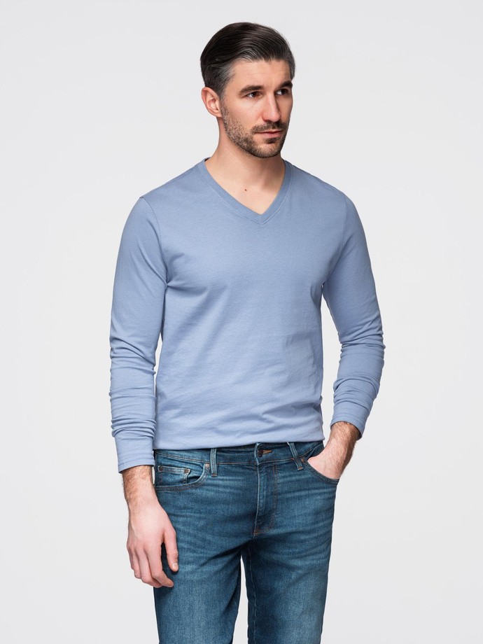 Męski longsleeve bez nadruku z dekoltem w serek - niebieski denim V9 OM-LSBL-0108 