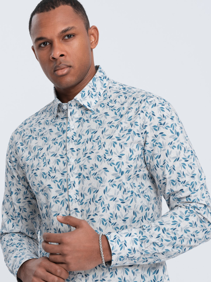 Men's SLIM FIT shirt in twig print - blue-gray V2 OM-SHPS-0163