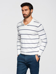 Men's horizontal striped polo longsleeve with viscose - white and navy blue V2 OM-POLS-0146